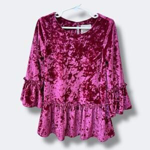 Peek Dress Girls XS 2-3 Fuchsia Crushed Velvet Bell Sleeve Ruffle Holiday Party